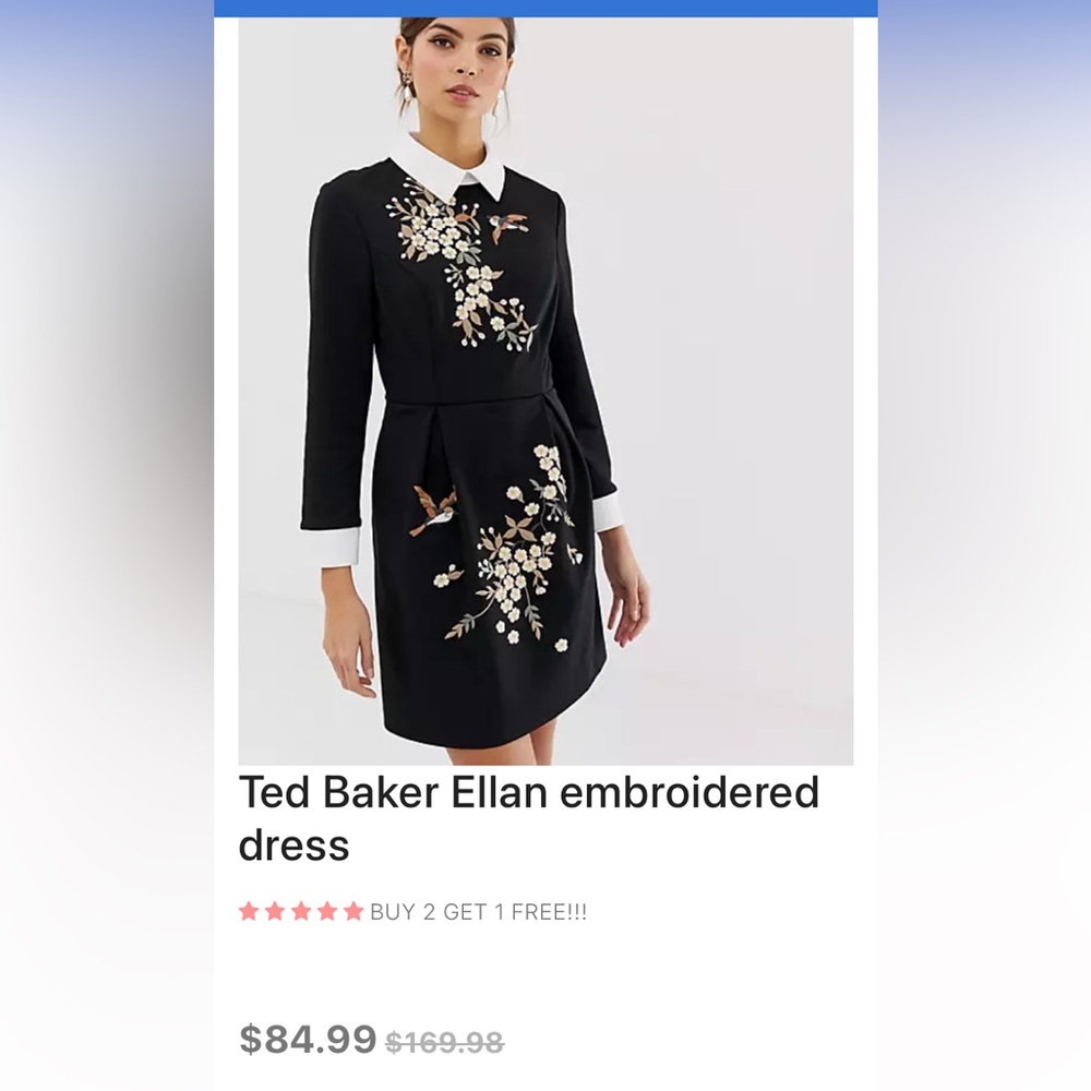 TED BAKER Black Opulent Bird Embroidery - cuffed collar & couture front pleats